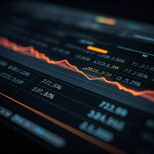 Financial terminal with orange and red market data points in a dark workspace.