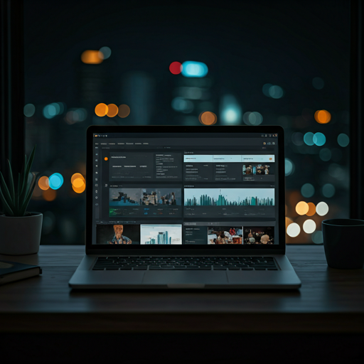 Editorial desk with news feeds and layouts on a laptop in a dark city workspace.