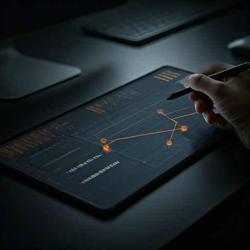 Technical product roadmap interface with precise orange lines in a dark office.